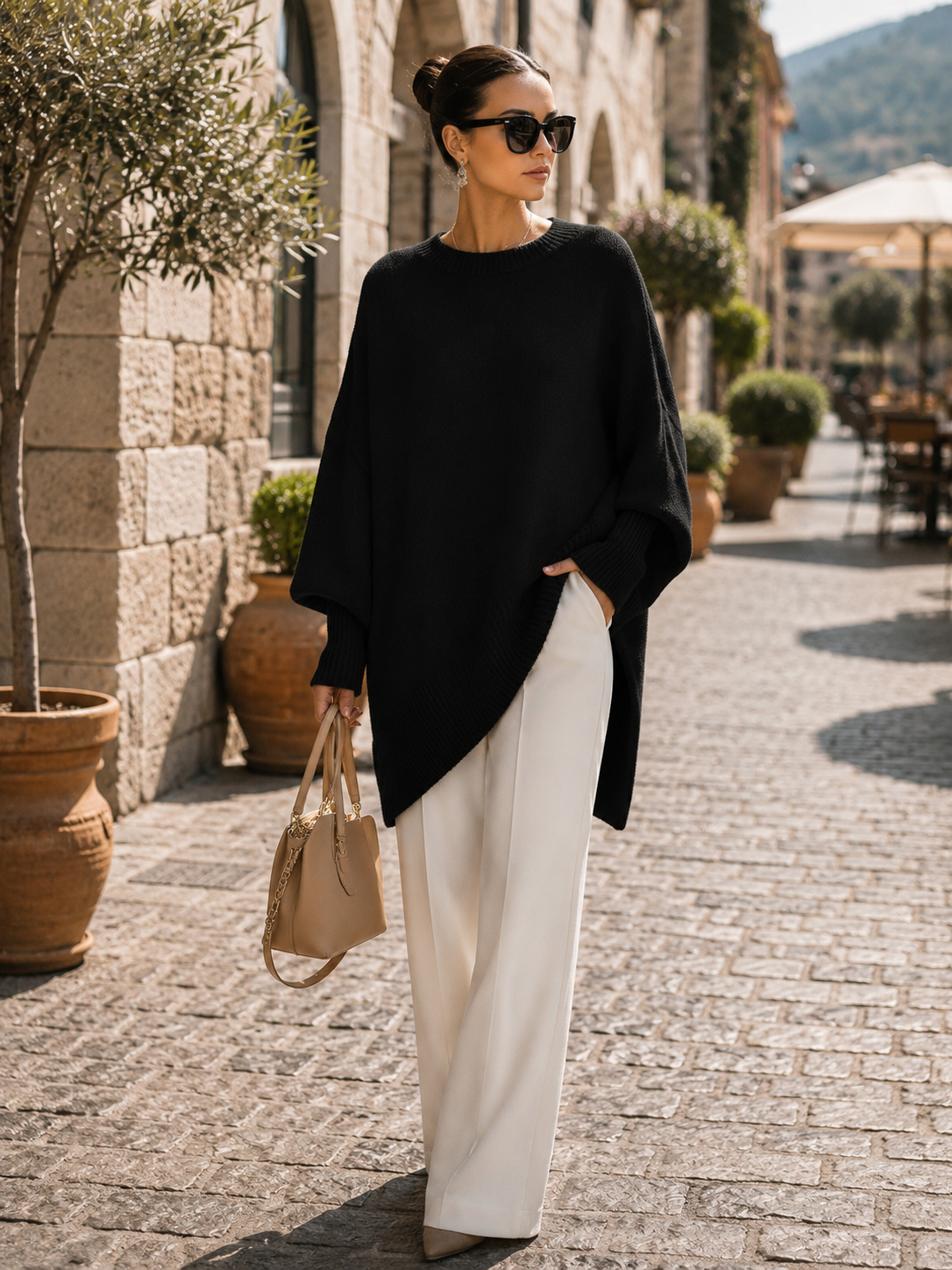 Wynne Women's Oversized Top – Round Neckline, Wide Sleeves & Ribbed Detailing