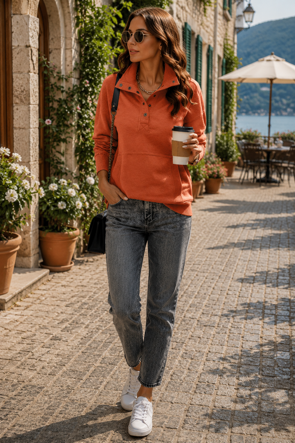 Mireille Women's Henley Sweatshirt – V-Neckline, Ribbed Texture & Easy Fit