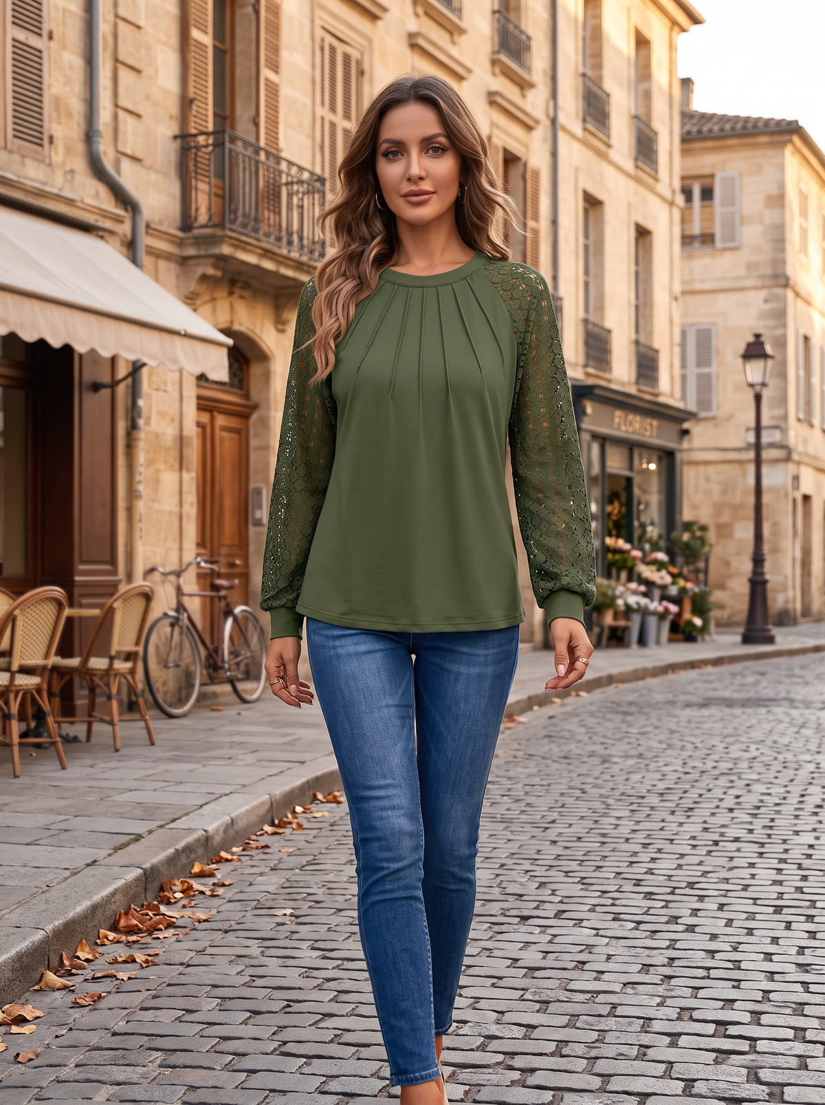 Ambrose Women's Lace Sleeve Top – Round Neckline, Raglan Sleeves & Pintuck Detail