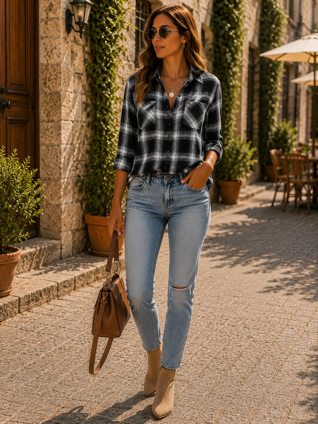 Zaria Women's Plaid Shirt – Roomy Fit, Wooden Buttons & Front Chest Pockets