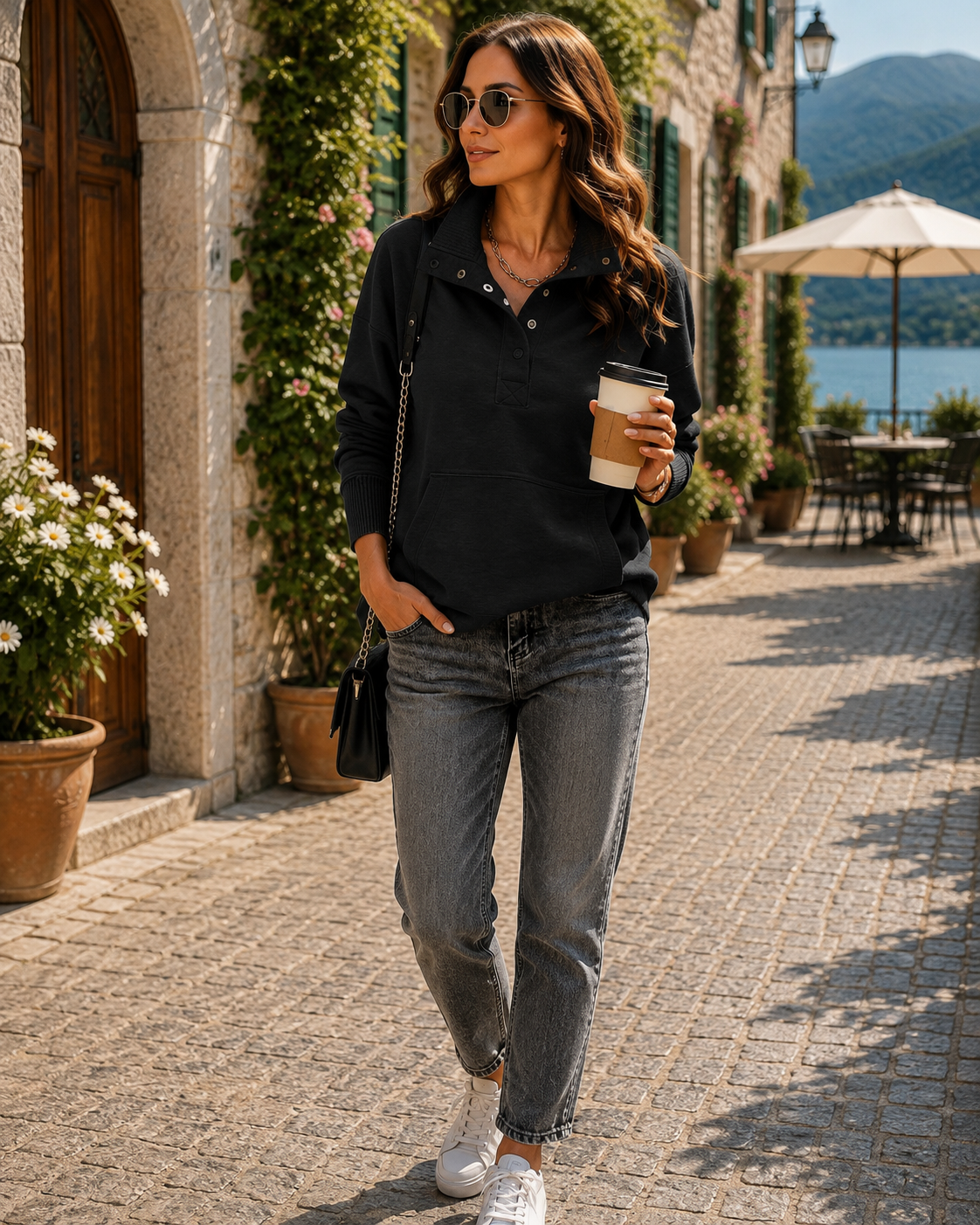 Mireille Women's Henley Sweatshirt – V-Neckline, Ribbed Texture & Easy Fit