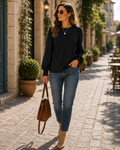 Wisteria Women's Pleated Top – Round Neckline, Smocked Cuffs & Easy Fit