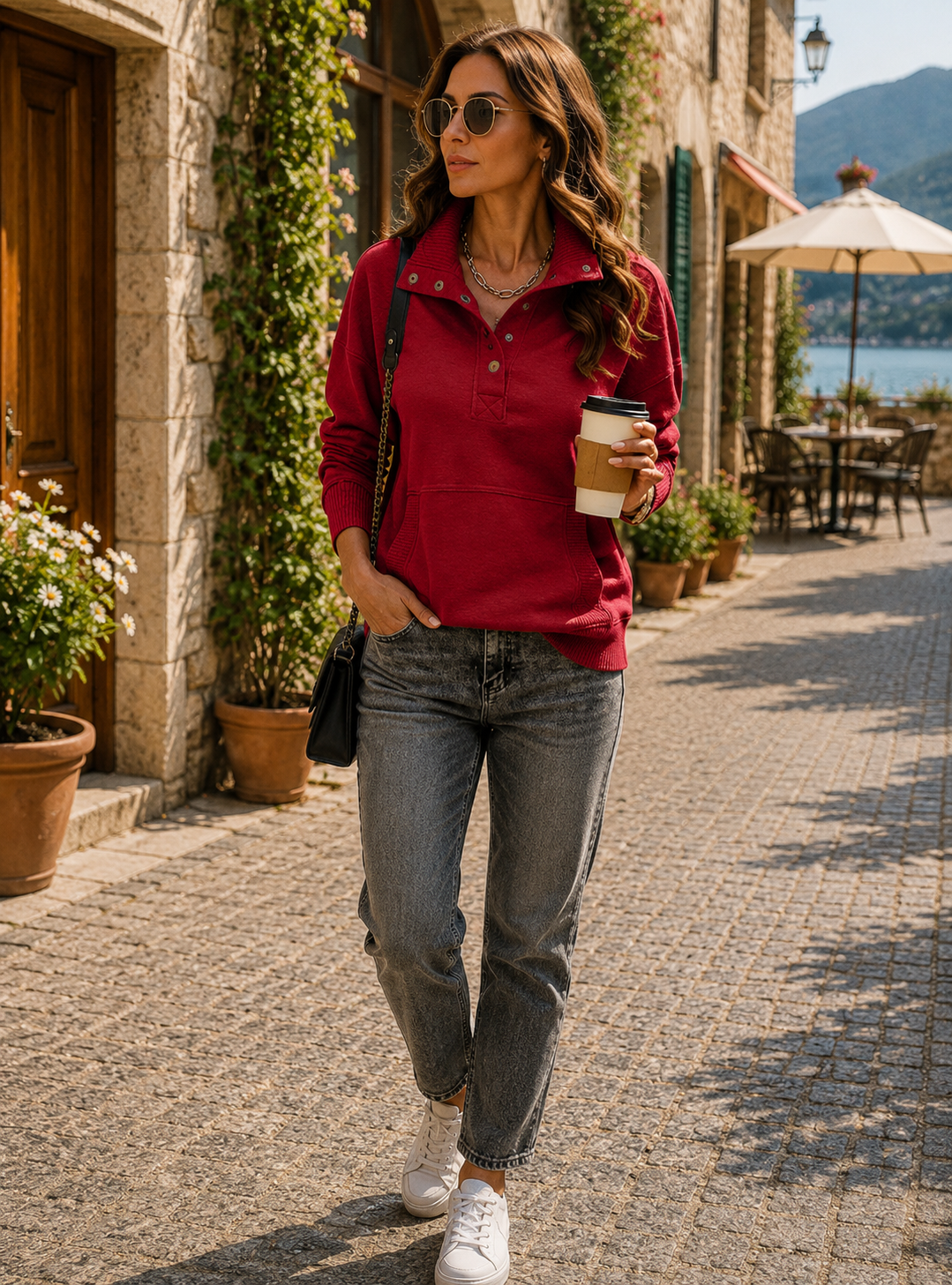 Mireille Women's Henley Sweatshirt – V-Neckline, Ribbed Texture & Easy Fit