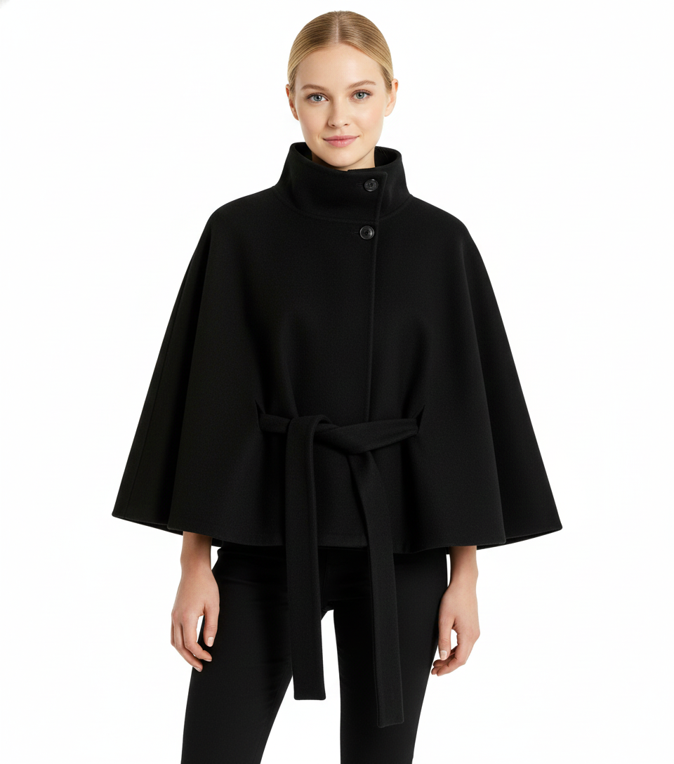Adalina Women's Wool Coat – Chic Mandarin Collar with Detachable Belt & Easy-Going Fit