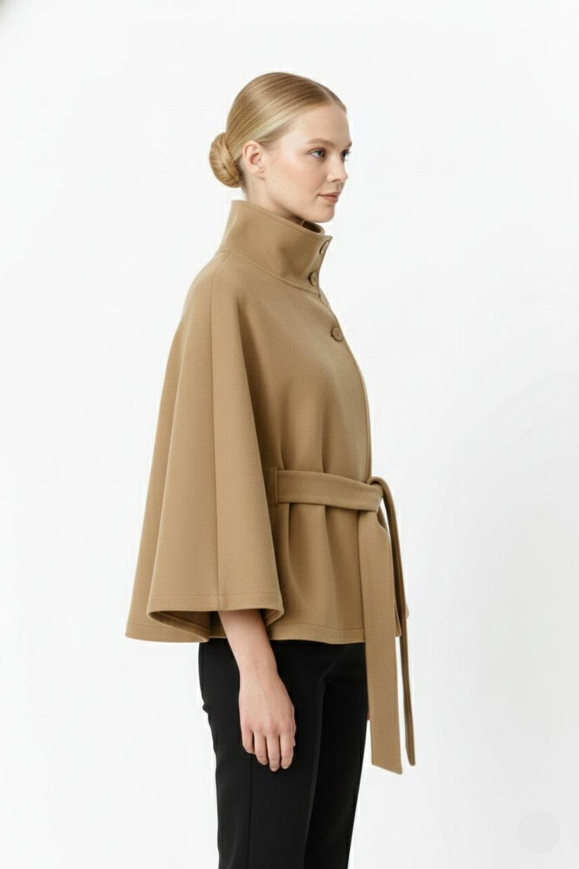 Adalina Women's Wool Coat – Chic Mandarin Collar with Detachable Belt & Easy-Going Fit