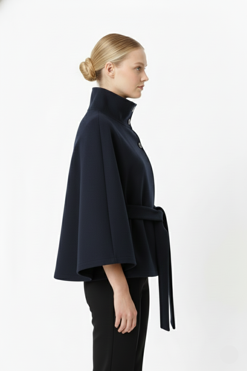 Adalina Women's Wool Coat – Chic Mandarin Collar with Detachable Belt & Easy-Going Fit
