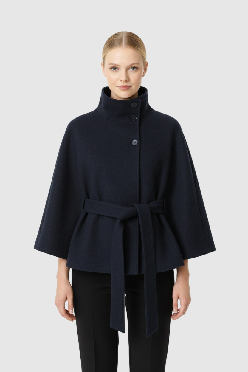 Adalina Women's Wool Coat – Chic Mandarin Collar with Detachable Belt & Easy-Going Fit