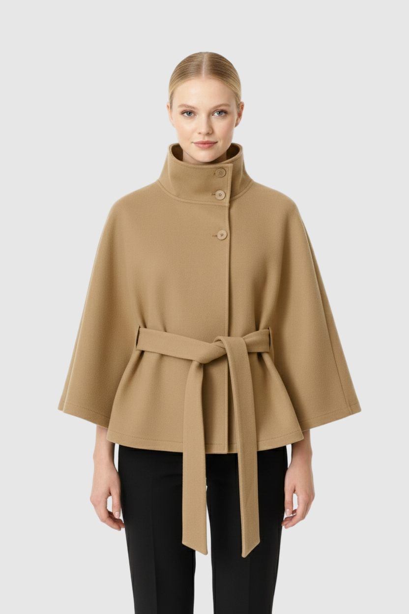 Adalina Women's Wool Coat – Chic Mandarin Collar with Detachable Belt & Easy-Going Fit