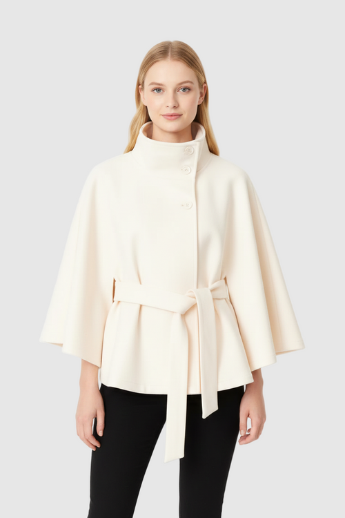 Adalina Women's Wool Coat – Chic Mandarin Collar with Detachable Belt & Easy-Going Fit