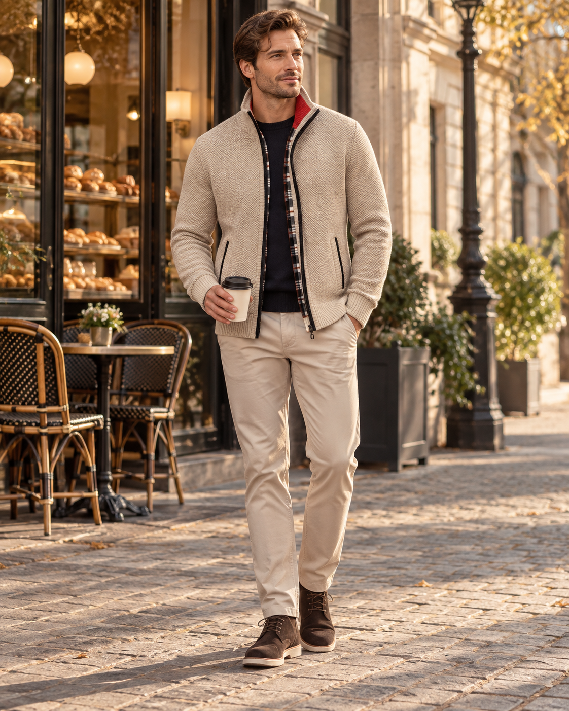 Gian Men's Plaid-Lined Knitted Cardigan - Full Zip, Stand Collar and Slant Pockets