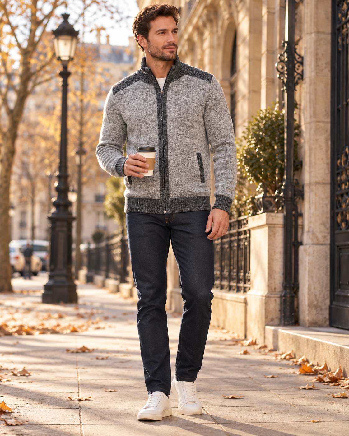 Gian Men's Plaid-Lined Knitted Cardigan - Full Zip, Stand Collar and Slant Pockets