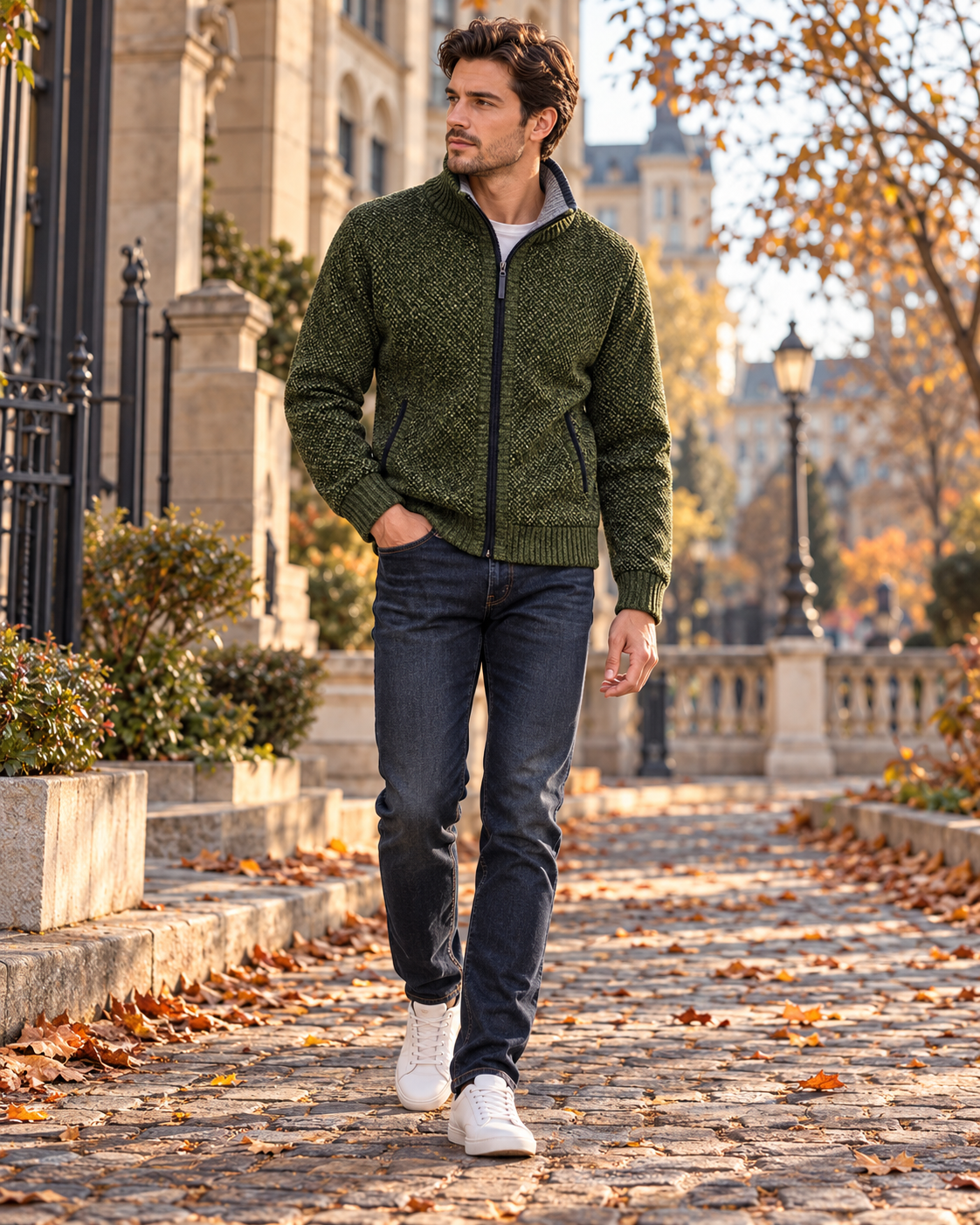 Gian Men's Plaid-Lined Knitted Cardigan - Full Zip, Stand Collar and Slant Pockets