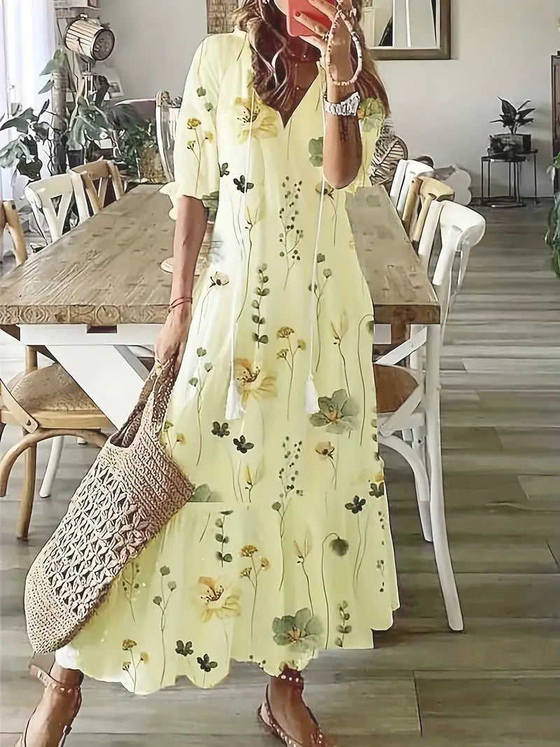 Corwin Women's Boho Dress – Sophisticated Ruffled Summer Dress with V-Neckline & Ikat Print