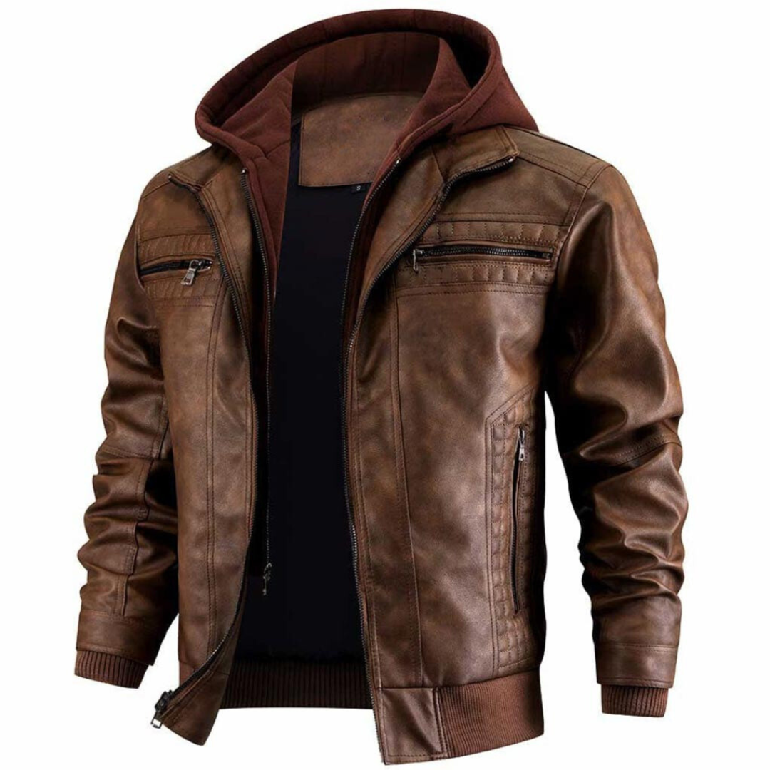 Bellamy Men's Leather Jacket – Retro Biker Style with Hood & Zip Closure