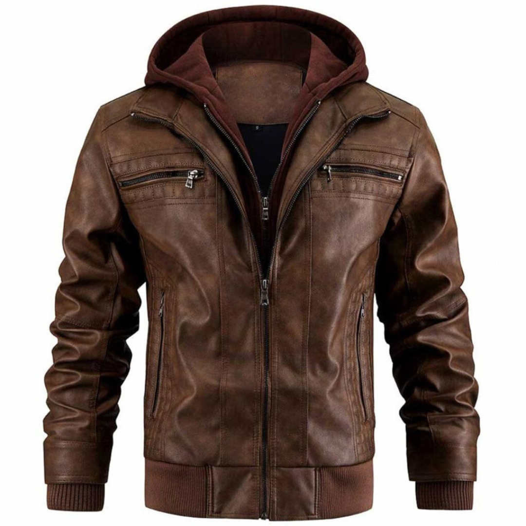 Bellamy Men's Leather Jacket – Retro Biker Style with Hood & Zip Closure
