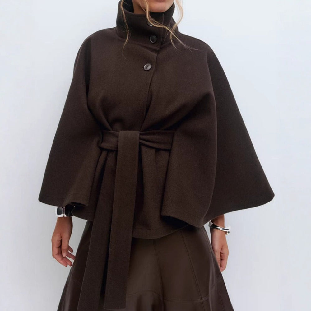 Ines Women's Cape Coat – High Collar & Adjustable Belt for Refined Winter Warmth