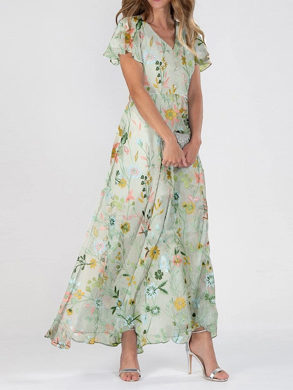 Cyra Women's Long Dress – Chic Floral Print with an Refined V-Neckline