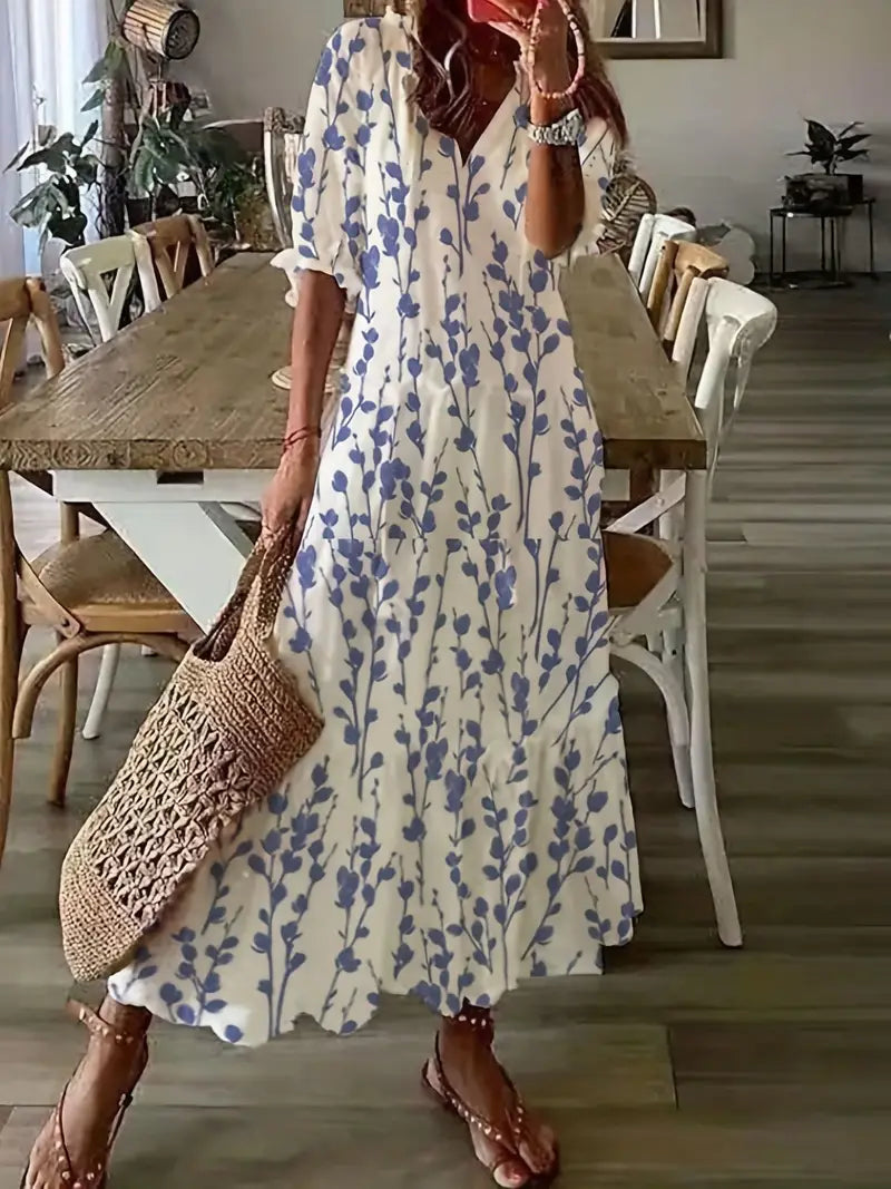 Corwin Women's Boho Dress – Sophisticated Ruffled Summer Dress with V-Neckline & Ikat Print