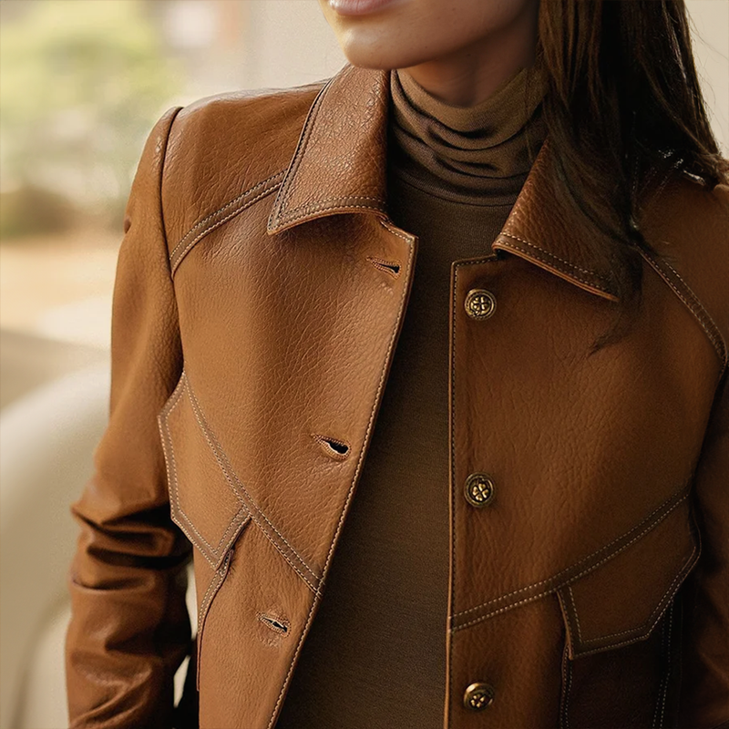 Elowyn Women's Leather Jacket – Refined, Plush & Sophisticated with Distinctive Collar and Handy Pockets