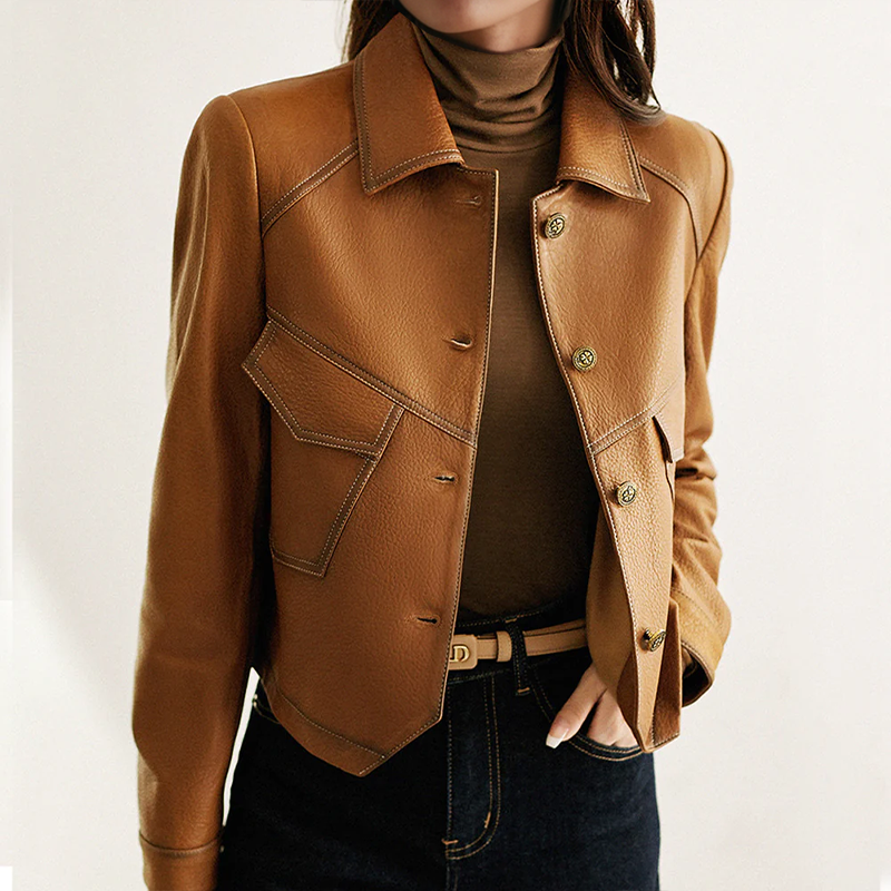 Elowyn Women's Leather Jacket – Refined, Plush & Sophisticated with Distinctive Collar and Handy Pockets