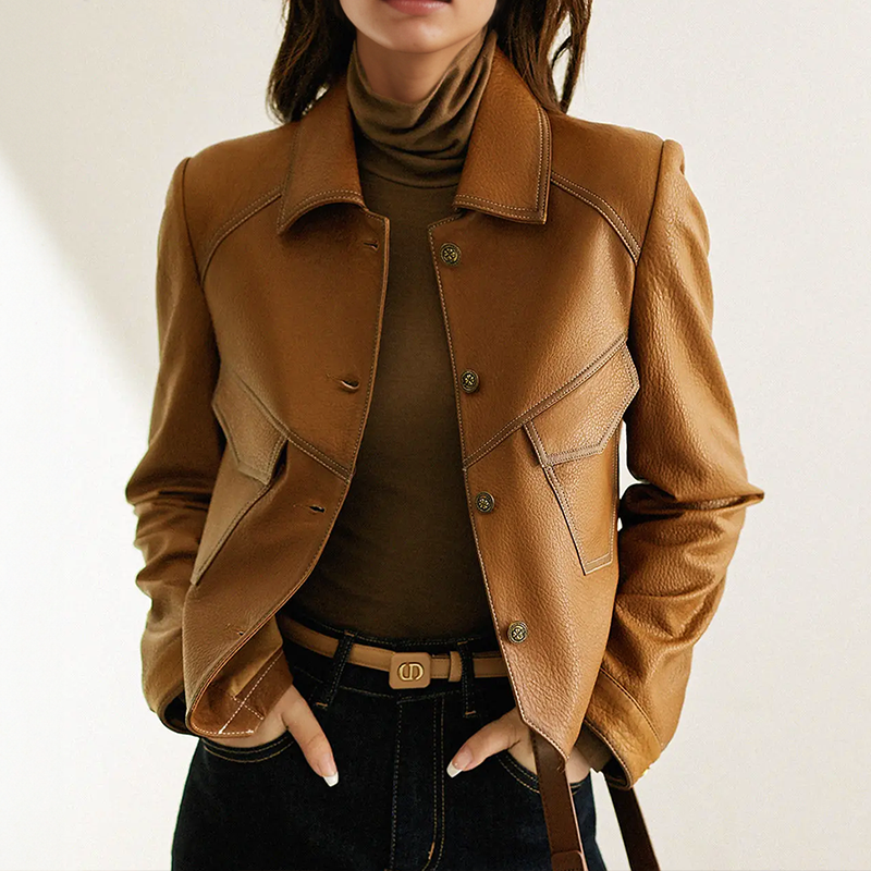 Elowyn Women's Leather Jacket – Refined, Plush & Sophisticated with Distinctive Collar and Handy Pockets