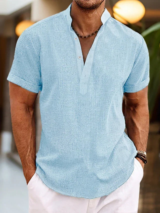 Gideon Men's Linen Shirt – Breathable Summer Shirt with Henley Collar & Short-Sleeve Design