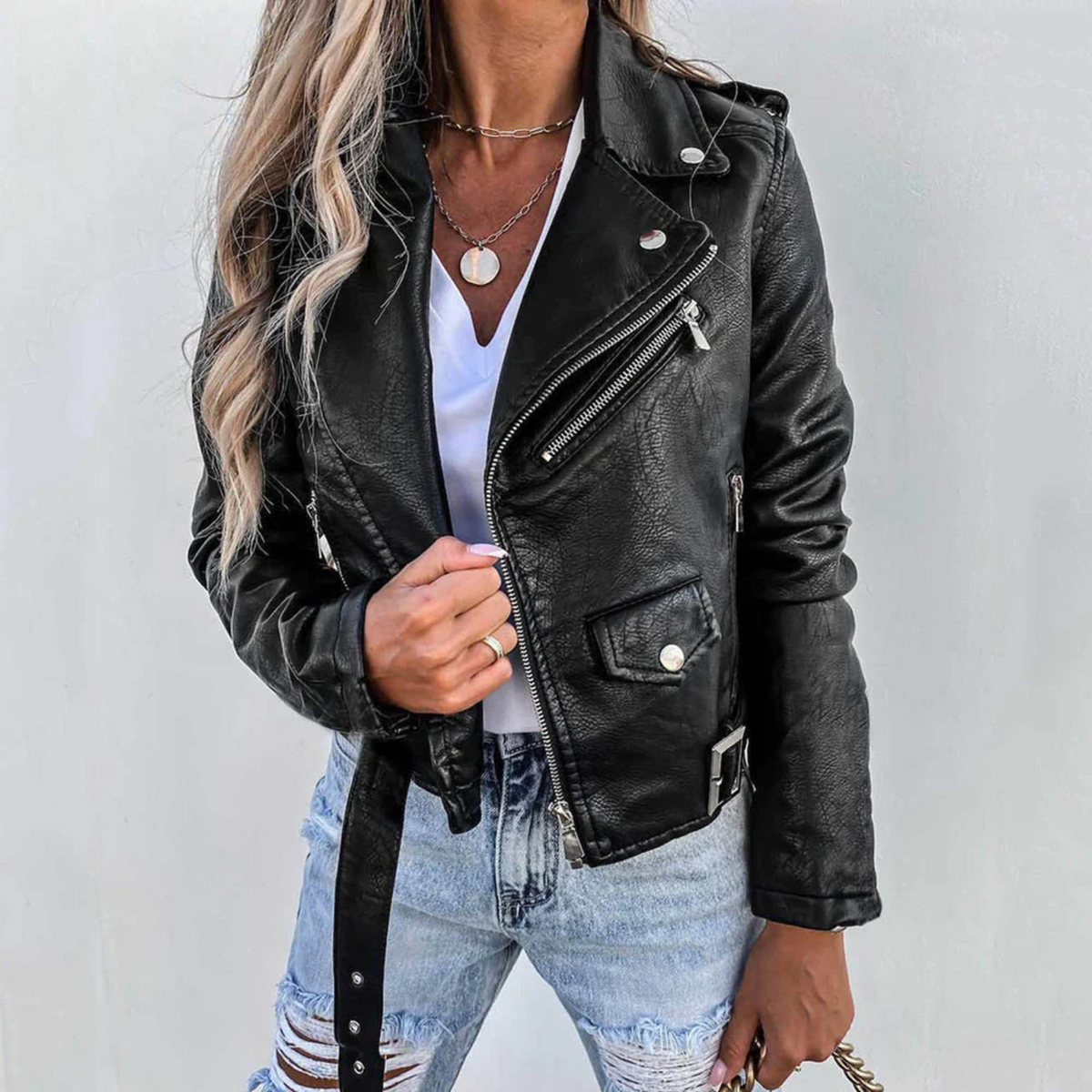 Ivor Women's Leather Jacket – Luxury Leather with Mandarin Collar, Belt & Sophisticated Design