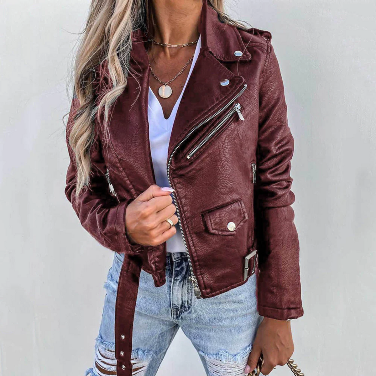 Ivor Women's Leather Jacket – Luxury Leather with Mandarin Collar, Belt & Sophisticated Design