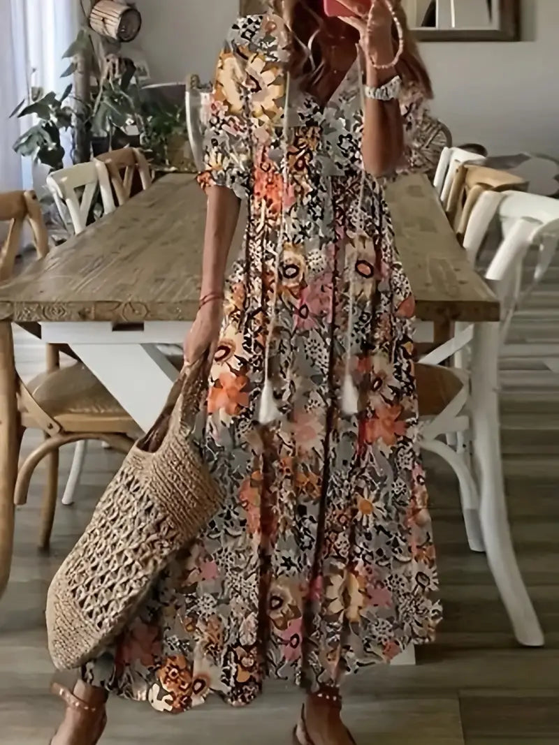 Corwin Women's Boho Dress – Sophisticated Ruffled Summer Dress with V-Neckline & Ikat Print