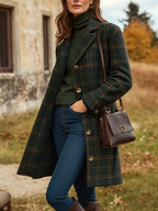 Kaida Women's Wool Coat – Long Sophisticated Plaid Coat with Fitted Cut & Lightweight Warmth
