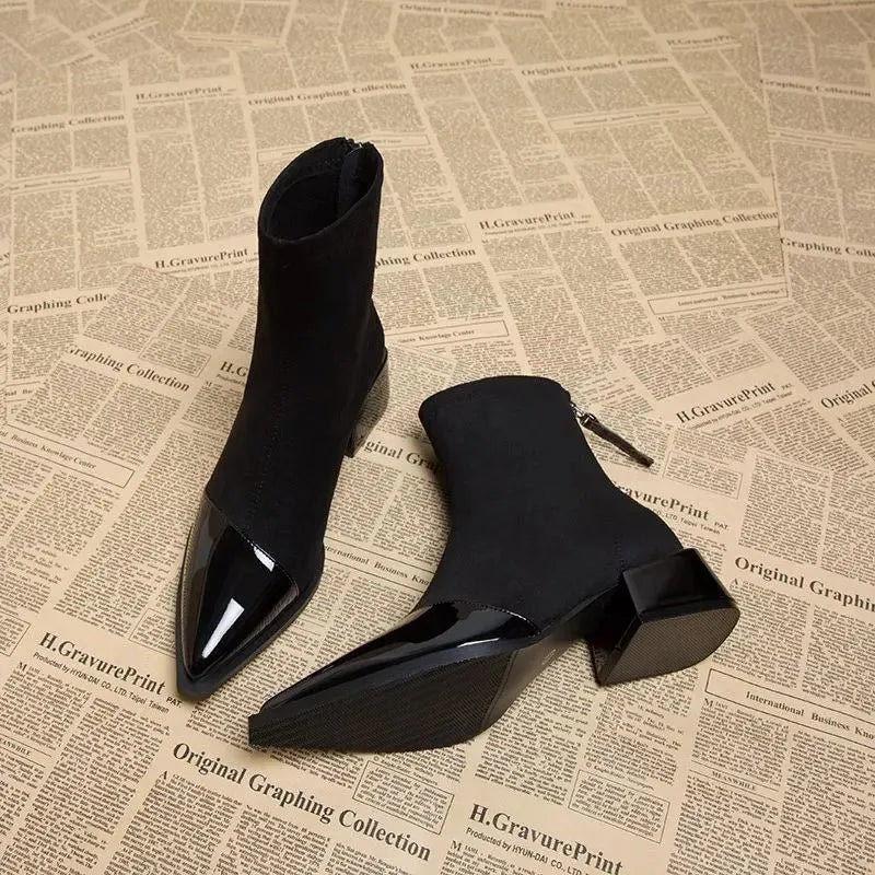 Orianna Ankle Boots for Women – Refined Suede Boots with Patent Accents & Comfy Block Heel