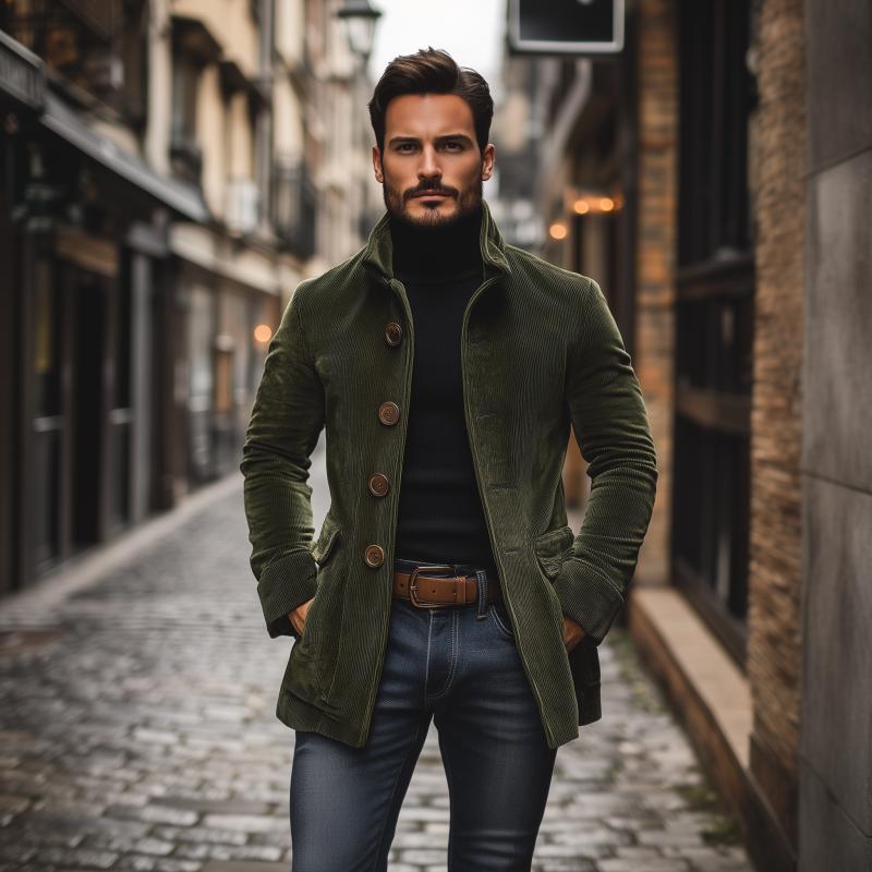 Liora Men's Corduroy Coat – Tailored Fit with Mandarin Collar & Refined Side Slip Pockets