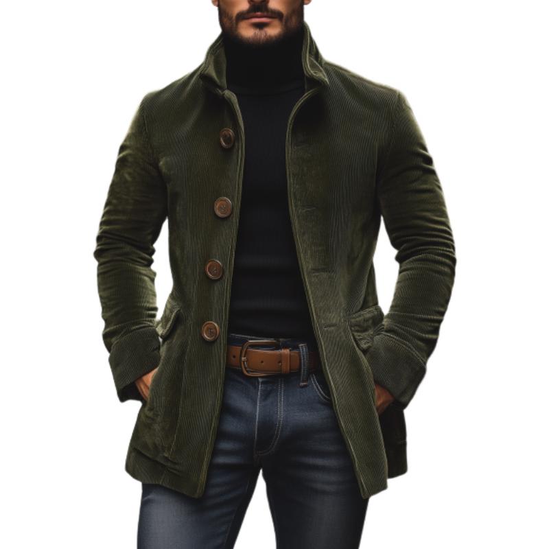 Liora Men's Corduroy Coat – Tailored Fit with Mandarin Collar & Refined Side Slip Pockets