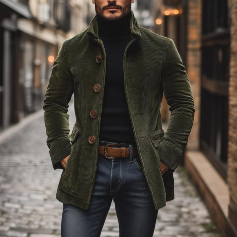 Liora Men's Corduroy Coat – Tailored Fit with Mandarin Collar & Refined Side Slip Pockets